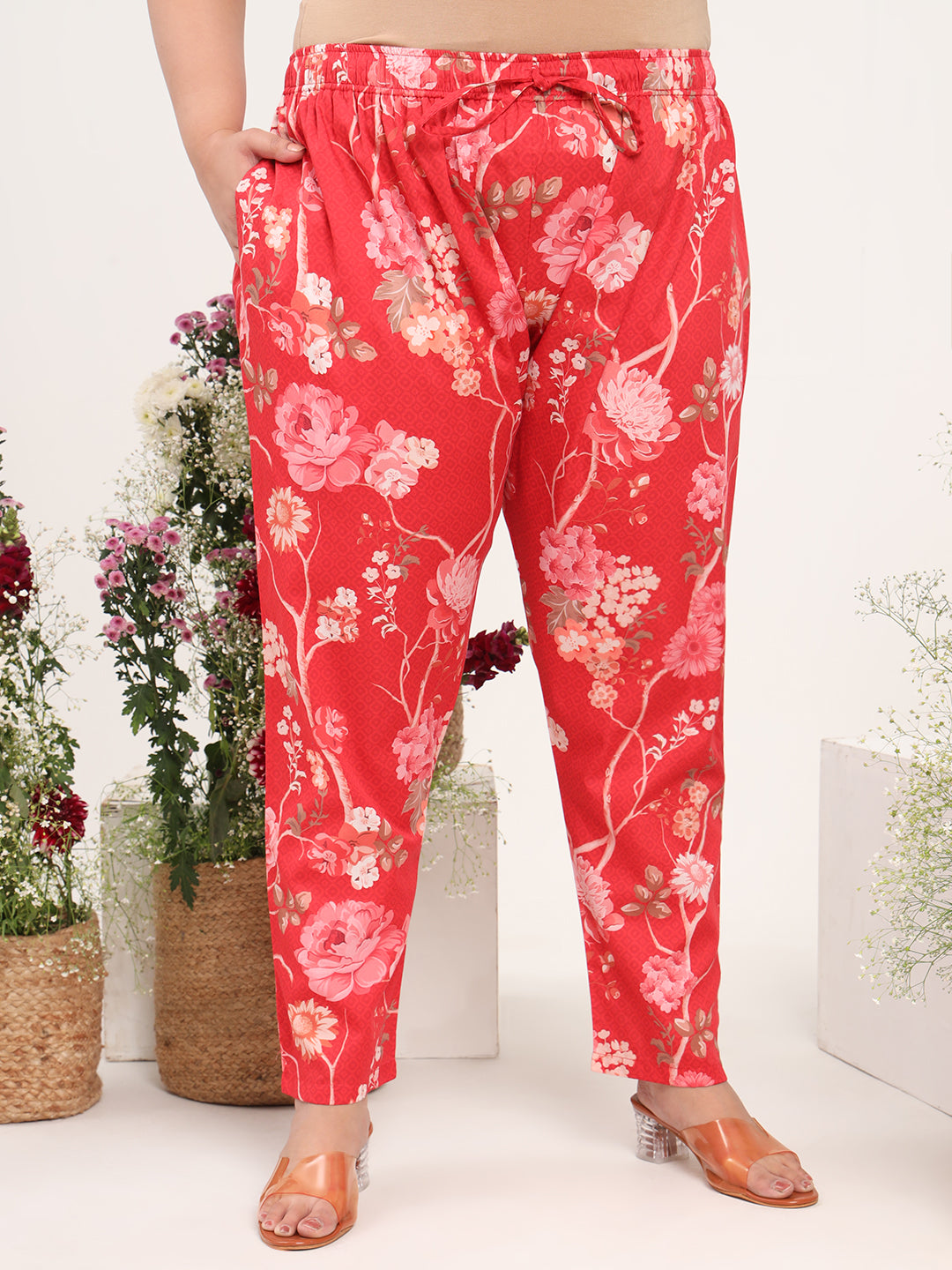 Women Plus Size Cotton Satin Red Asymmetrical Top with Trouser Co-ord Set