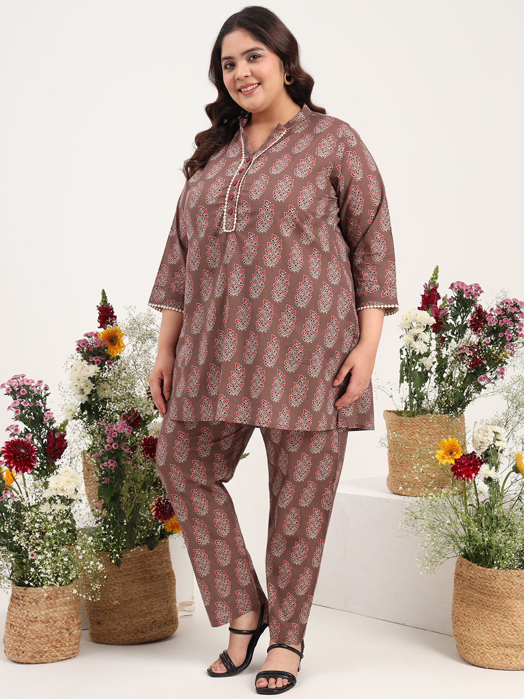 Women Plus Size Pure Cotton Brown Floral Printed Tunic with Trouser Co-ords