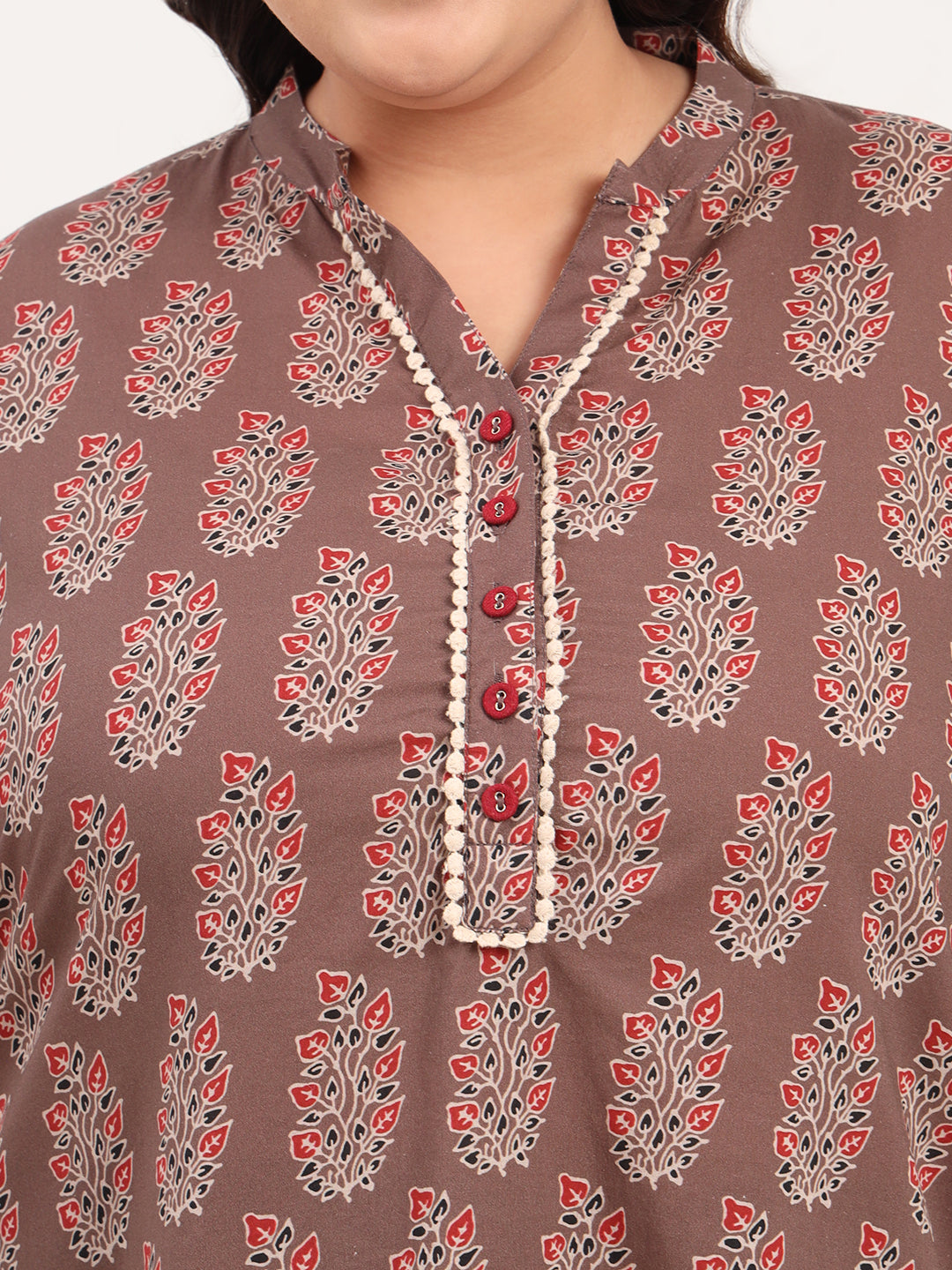 Women Plus Size Pure Cotton Brown Floral Printed Tunic with Trouser Co-ords