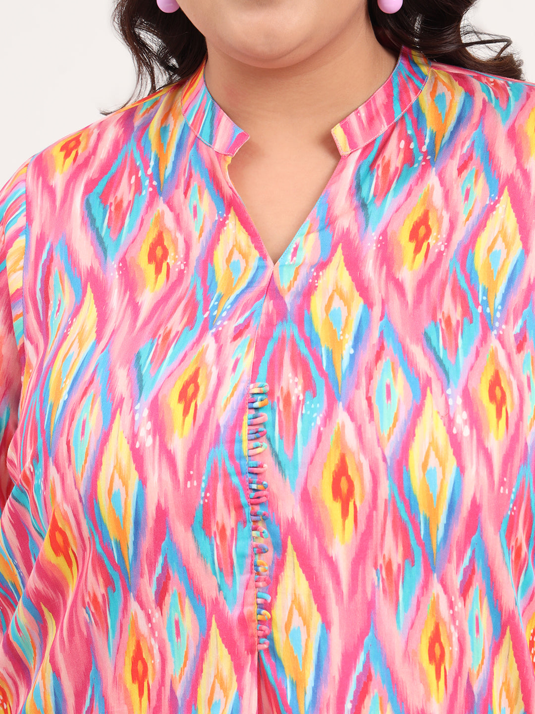 Women Plus Size Multicolor Cotton Satin Full Sleeves Tunic with Trouser Co-ord Set