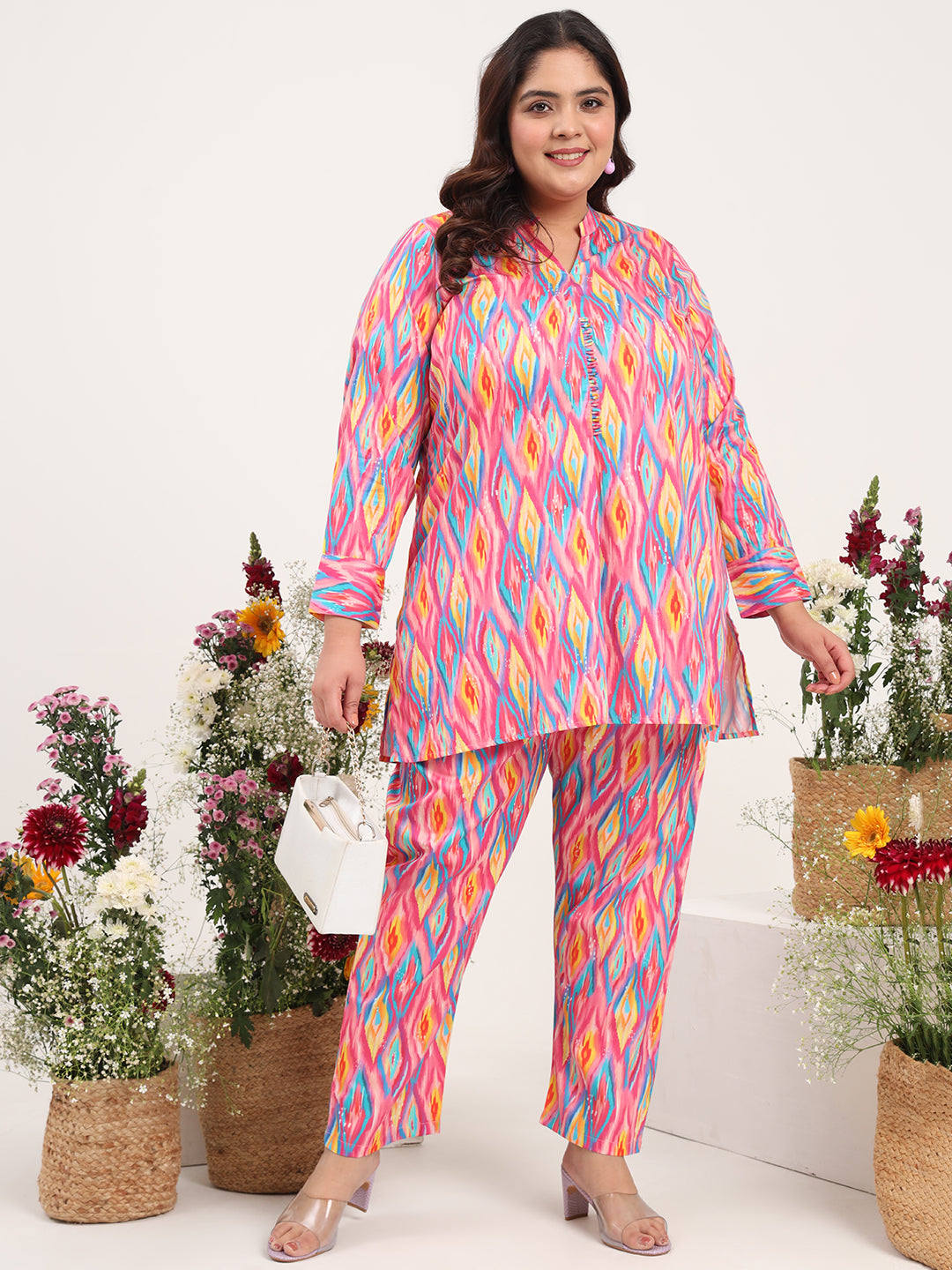 Women Plus Size Multicolor Cotton Satin Full Sleeves Tunic with Trouser Co-ord Set