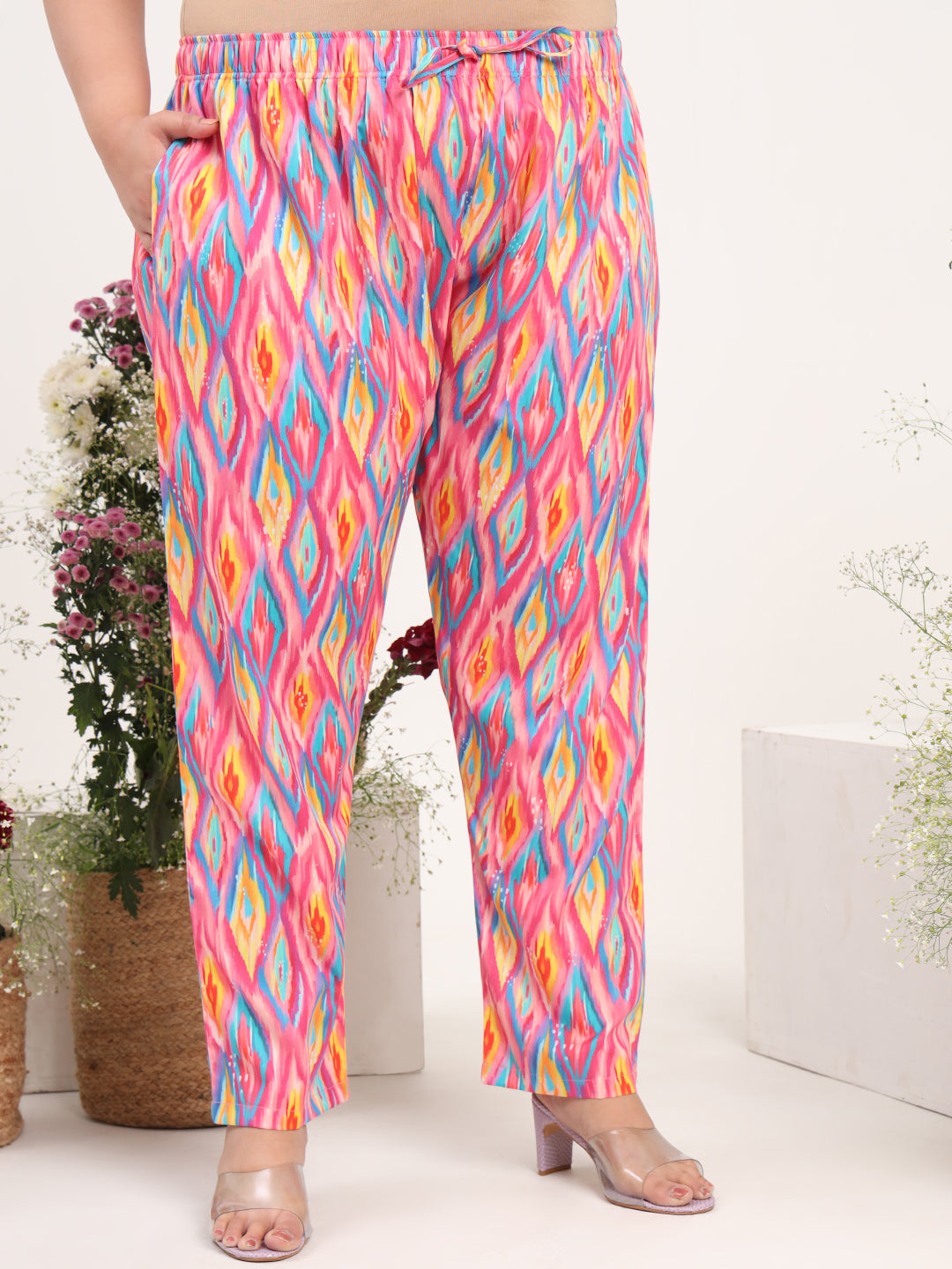 Women Plus Size Multicolor Cotton Satin Full Sleeves Tunic with Trouser Co-ord Set