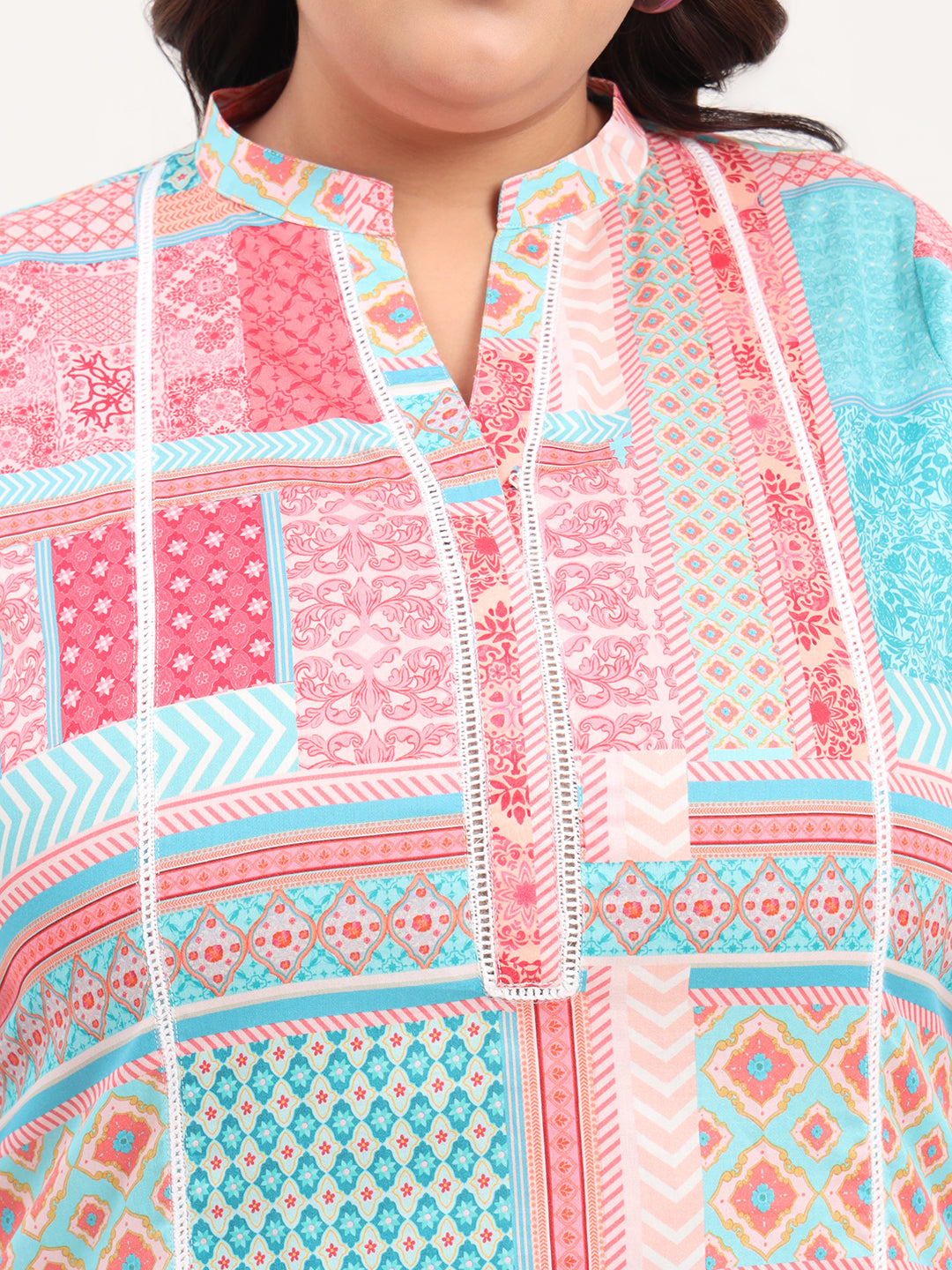 Women Plus Size Cotton Satin Abstract Printed Tunic with Trouser Co-ords