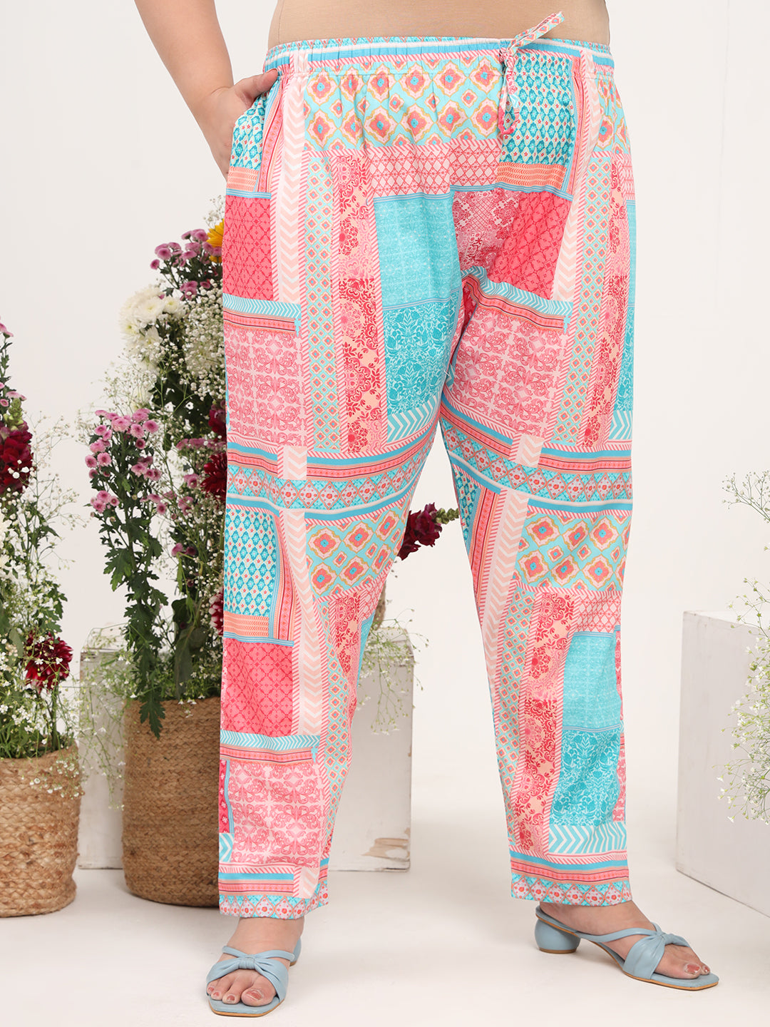 Women Plus Size Cotton Satin Abstract Printed Tunic with Trouser Co-ords