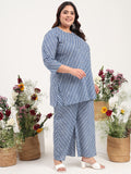Women Plus Size Pure Cotton Blue Striped Tunic with Palazzo Co-ord Set