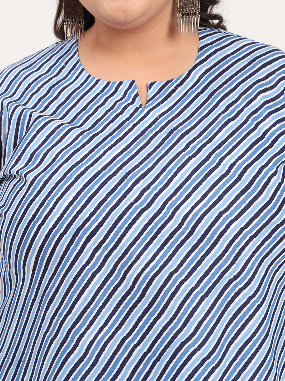 Women Plus Size Pure Cotton Blue Striped Tunic with Palazzo Co-ord Set