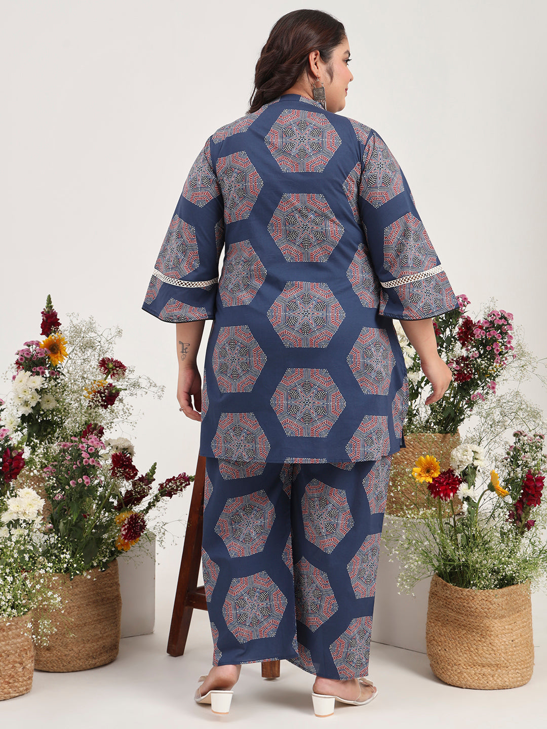 Women Plus Size Pure Cotton Navy Blue Shirt with Palazzo Co-ord Set