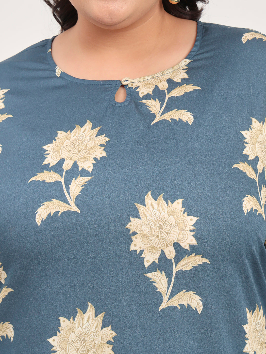 Women Plus Size Cotton Satin Grey Floral Tunic with Palazzo Co-ords