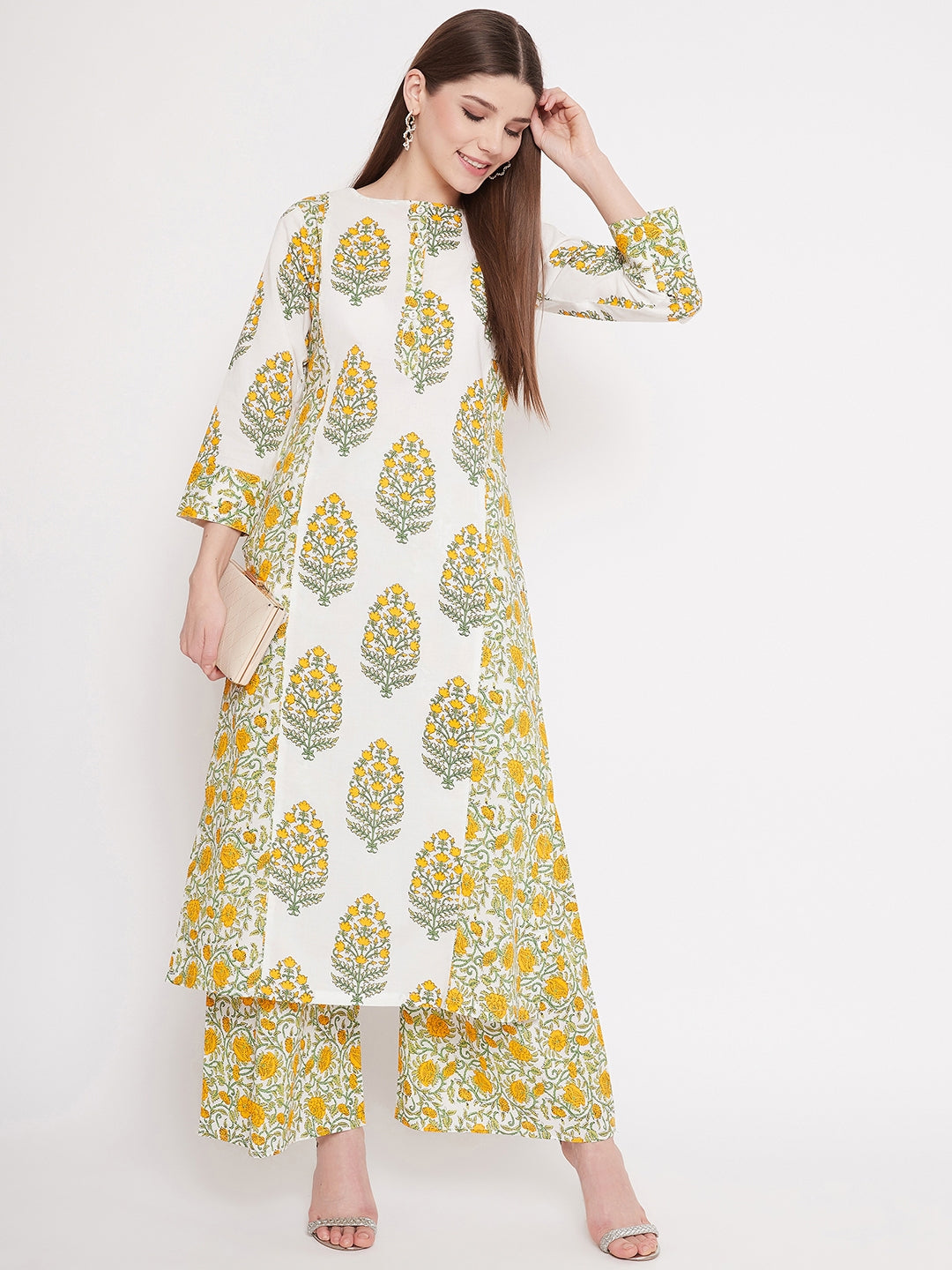 Women White Floral Printed Pure Cotton Kurta with Palazzo