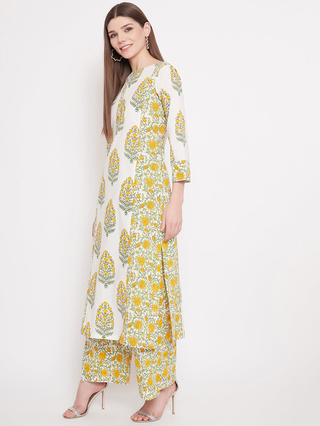 Women White Floral Printed Pure Cotton Kurta with Palazzo