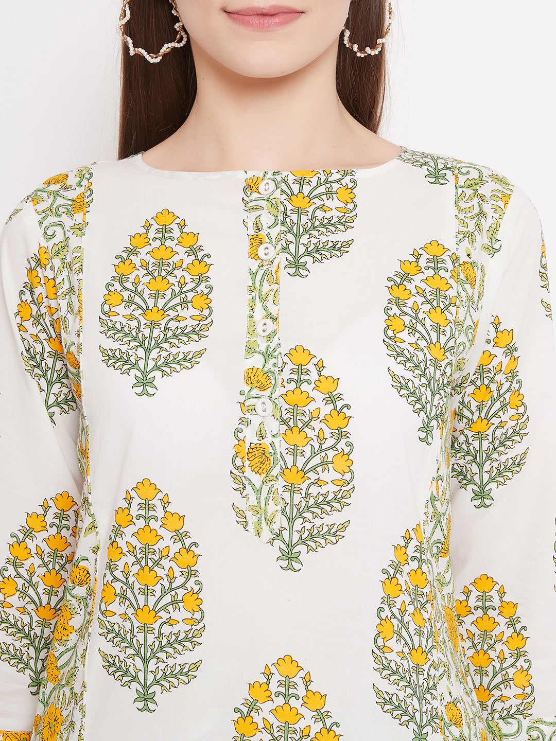 Women White Floral Printed Pure Cotton Kurta with Palazzo