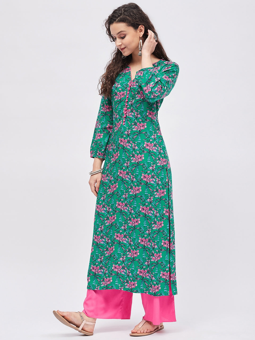 Women Dark Green & Pink Printed Kurta with Palazzo