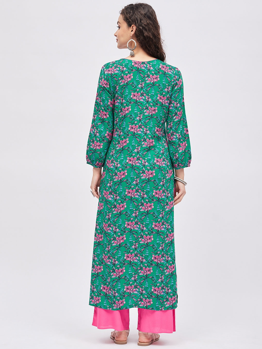 Women Dark Green & Pink Printed Kurta with Palazzo
