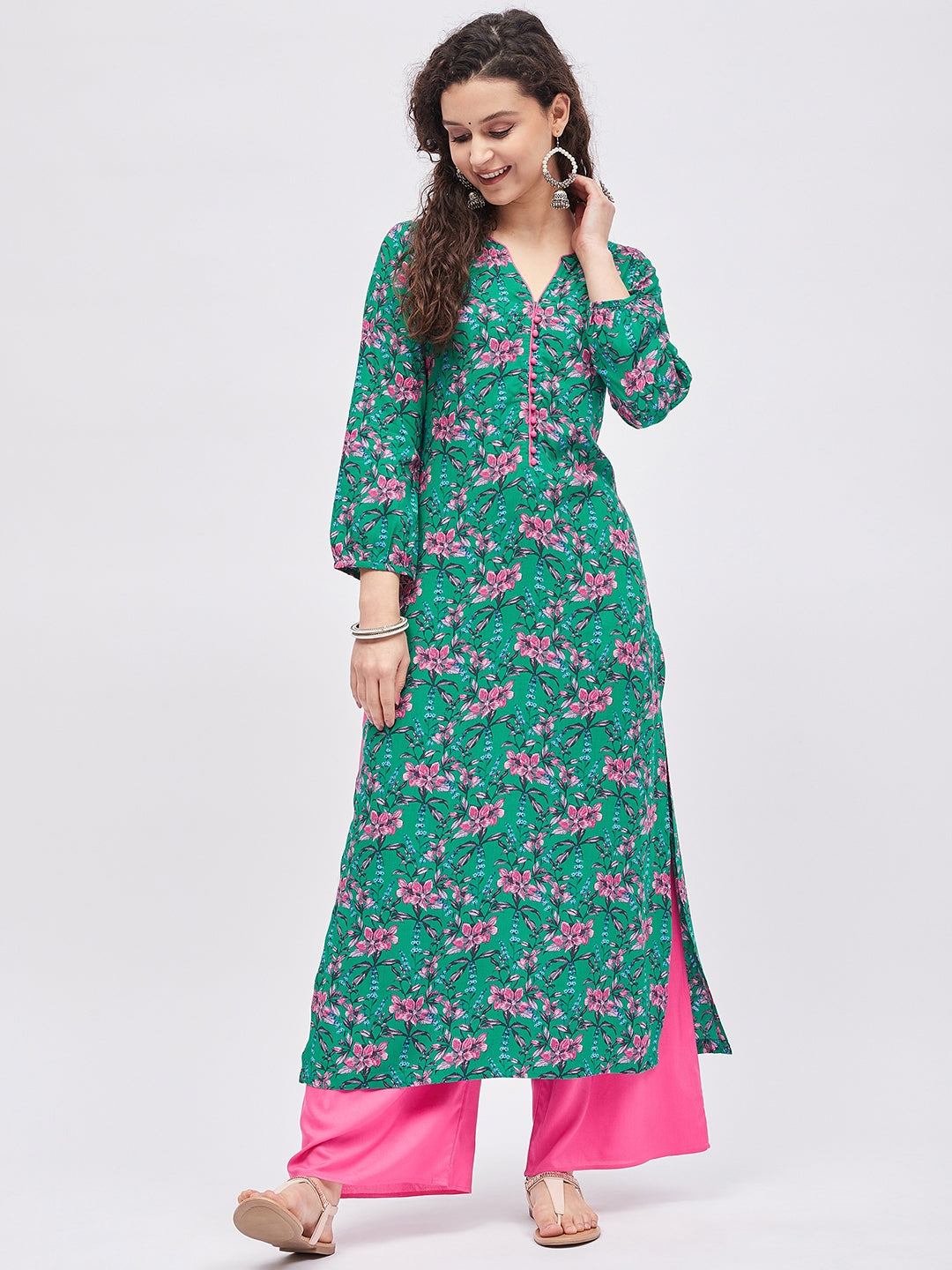 Women Dark Green & Pink Printed Kurta with Palazzo