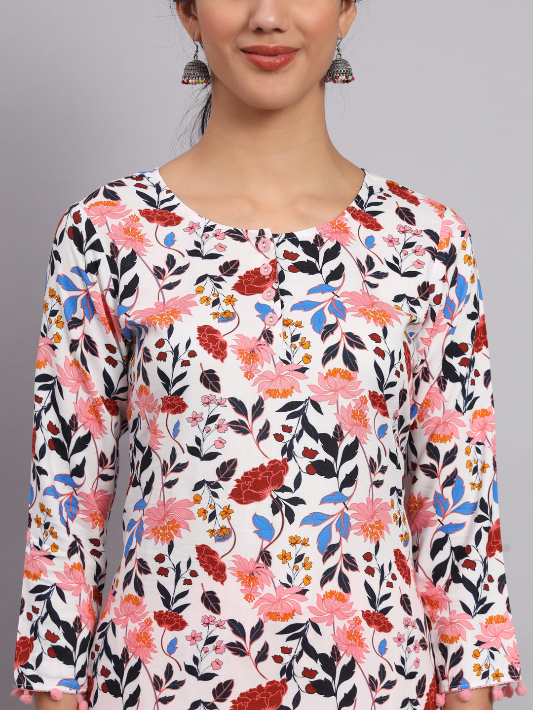 Women White & Pink Pompom Work Printed Kurta with Palazzo