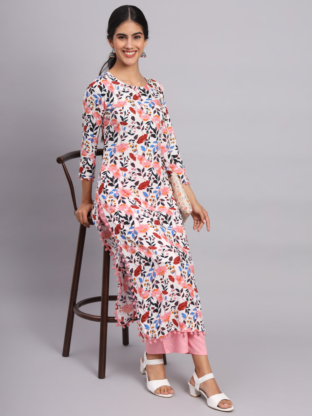 Women White & Pink Pompom Work Printed Kurta with Palazzo
