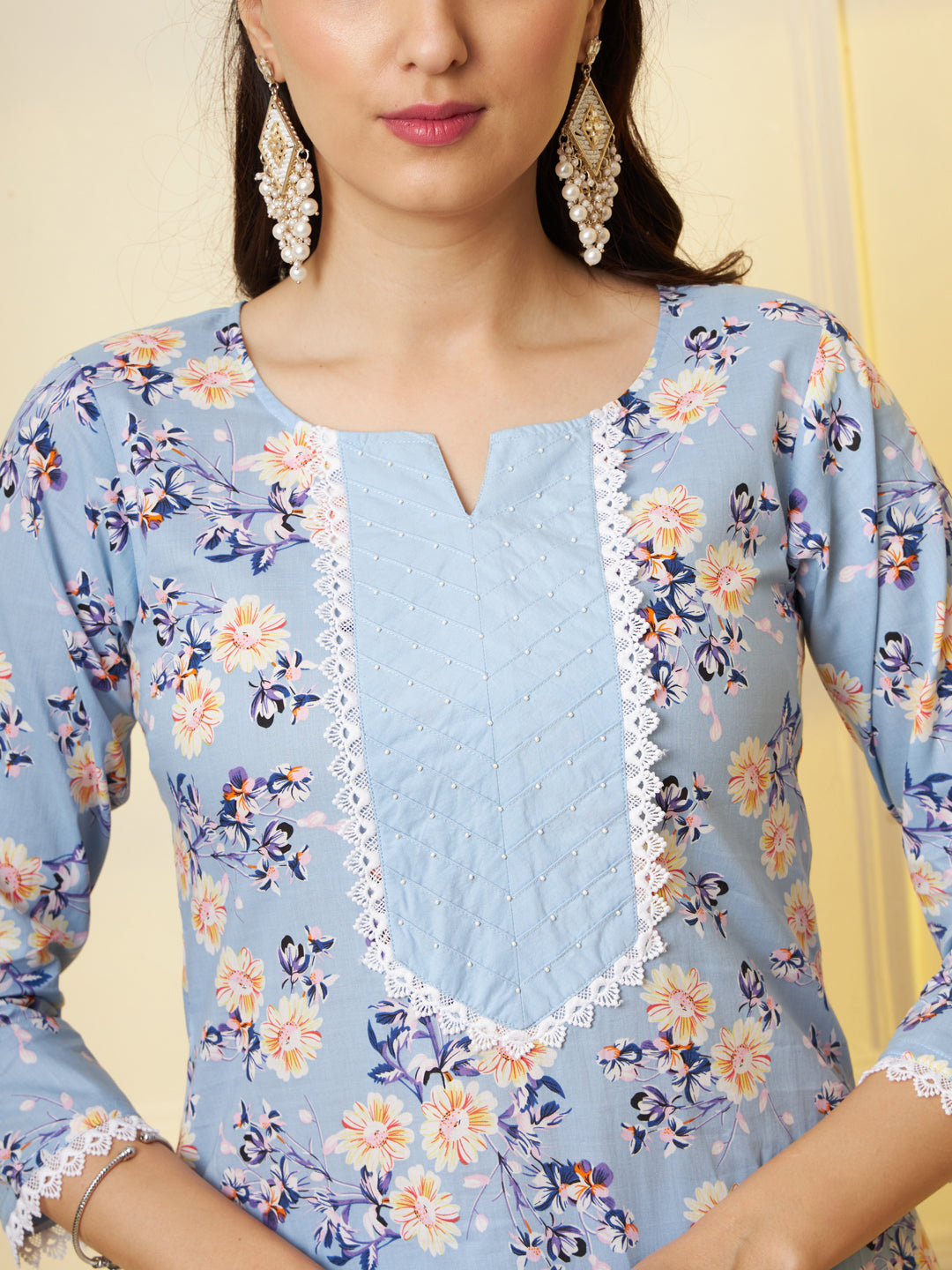Women Sky Blue Floral Pritned Pure Cotton Kurta With Palazzo & Dupatta