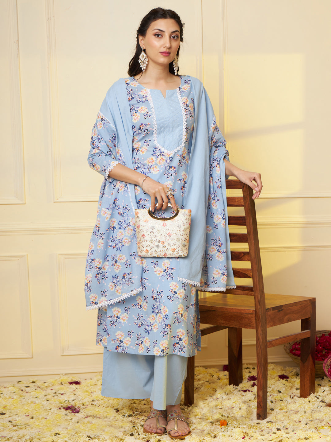 Women Sky Blue Floral Pritned Pure Cotton Kurta With Palazzo & Dupatta
