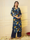 Women Rayon Blue Floral Printed Kurta & Palazzo With Dupatta