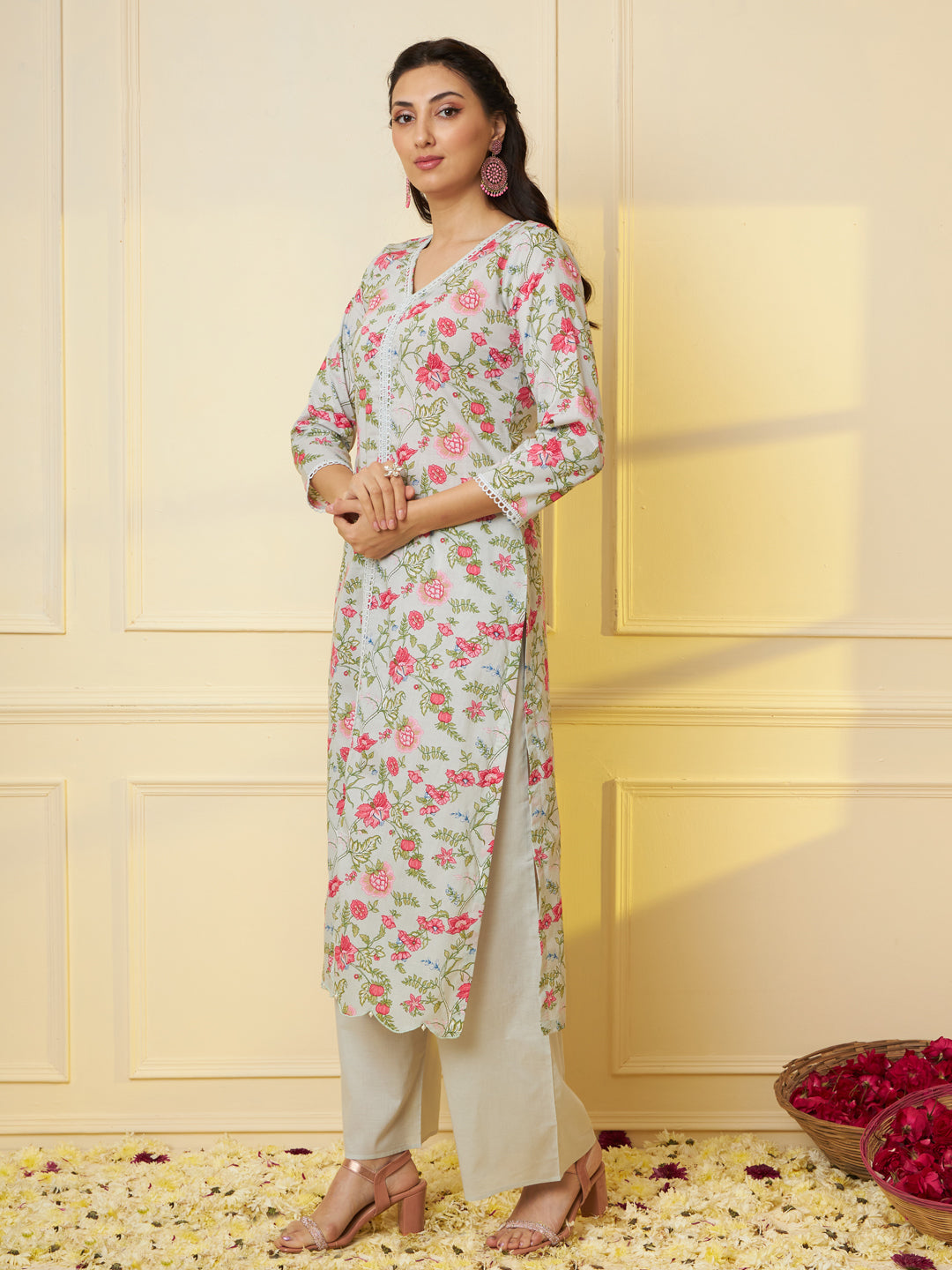 Women Floral Printed Pure Cotton Kurta & Palazzo With Dupatta