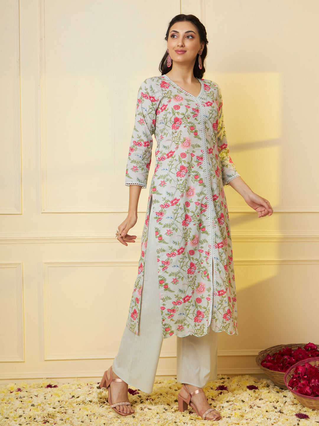 Women Floral Printed Pure Cotton Kurta & Palazzo With Dupatta
