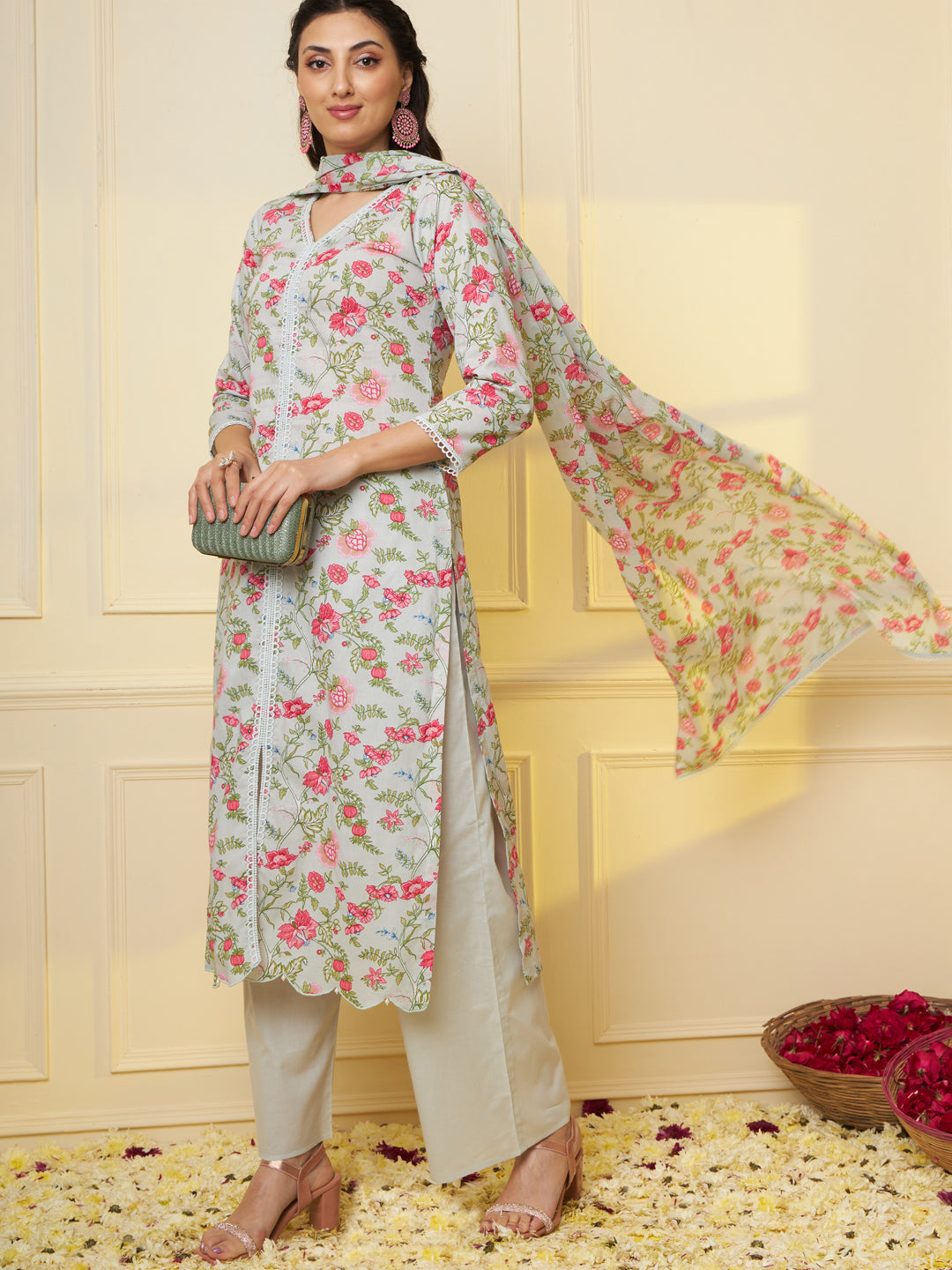 Women Floral Printed Pure Cotton Kurta & Palazzo With Dupatta