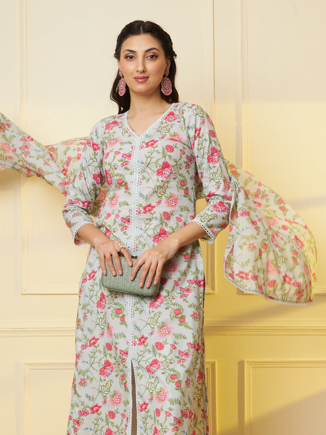 Women Floral Printed Pure Cotton Kurta & Palazzo With Dupatta