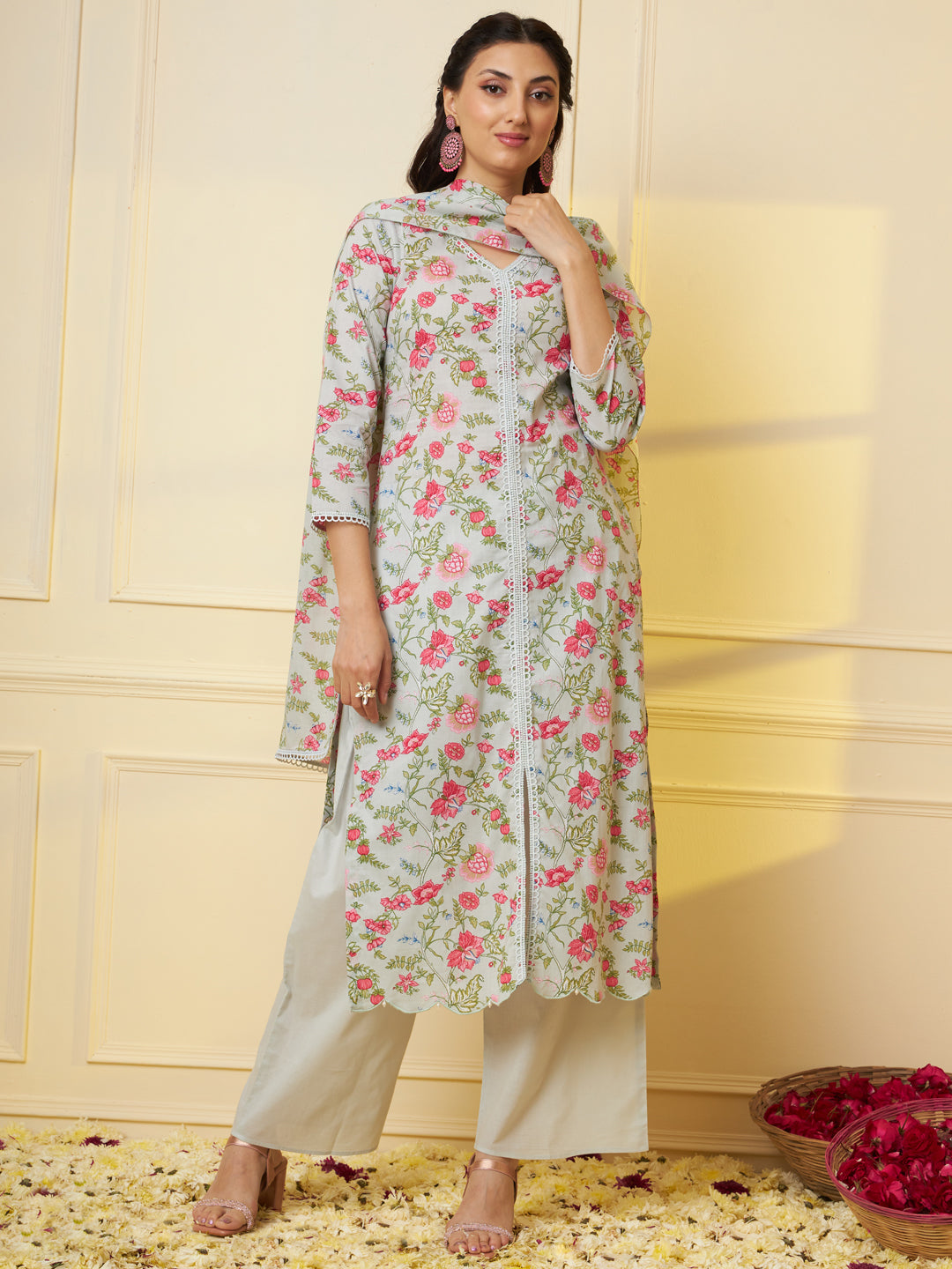 Women Floral Printed Pure Cotton Kurta & Palazzo With Dupatta