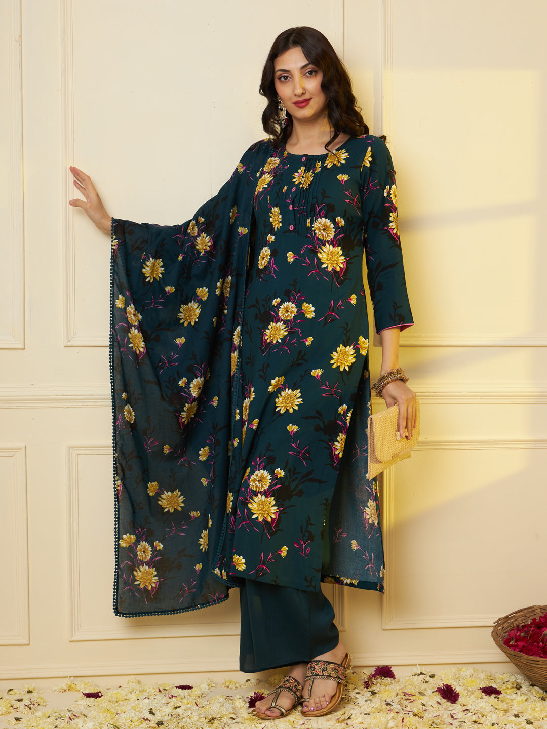 Women Rayon Dark Green Floral Printed Kurta & Palazzo With Cotton Dupatta