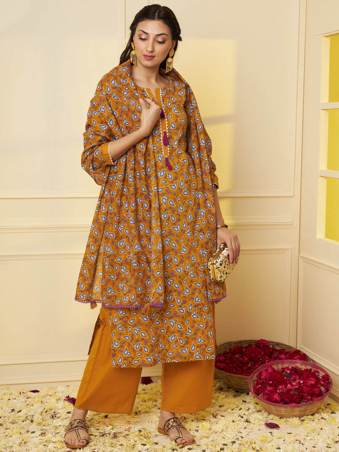 Women Yellow Floral Printed Pure Cotton Kurta & Palazzo with Dupatta