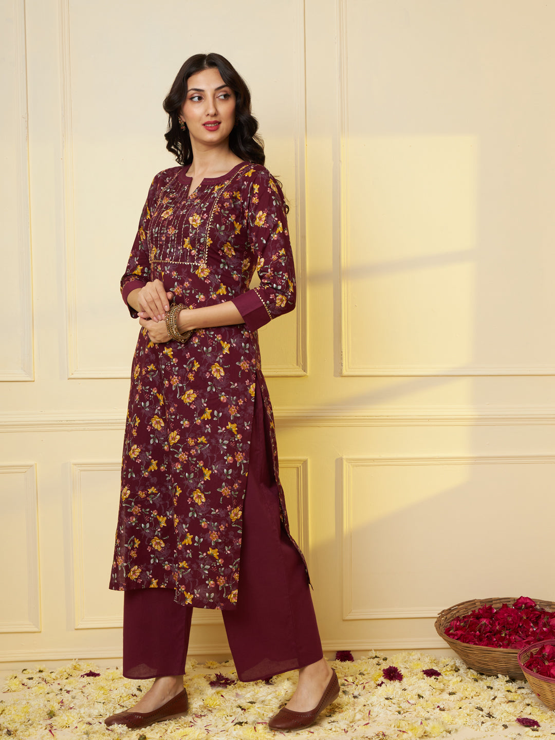 Women Pure Cotton Maroon Floral Printed Kurta With Palazzo & Dupatta