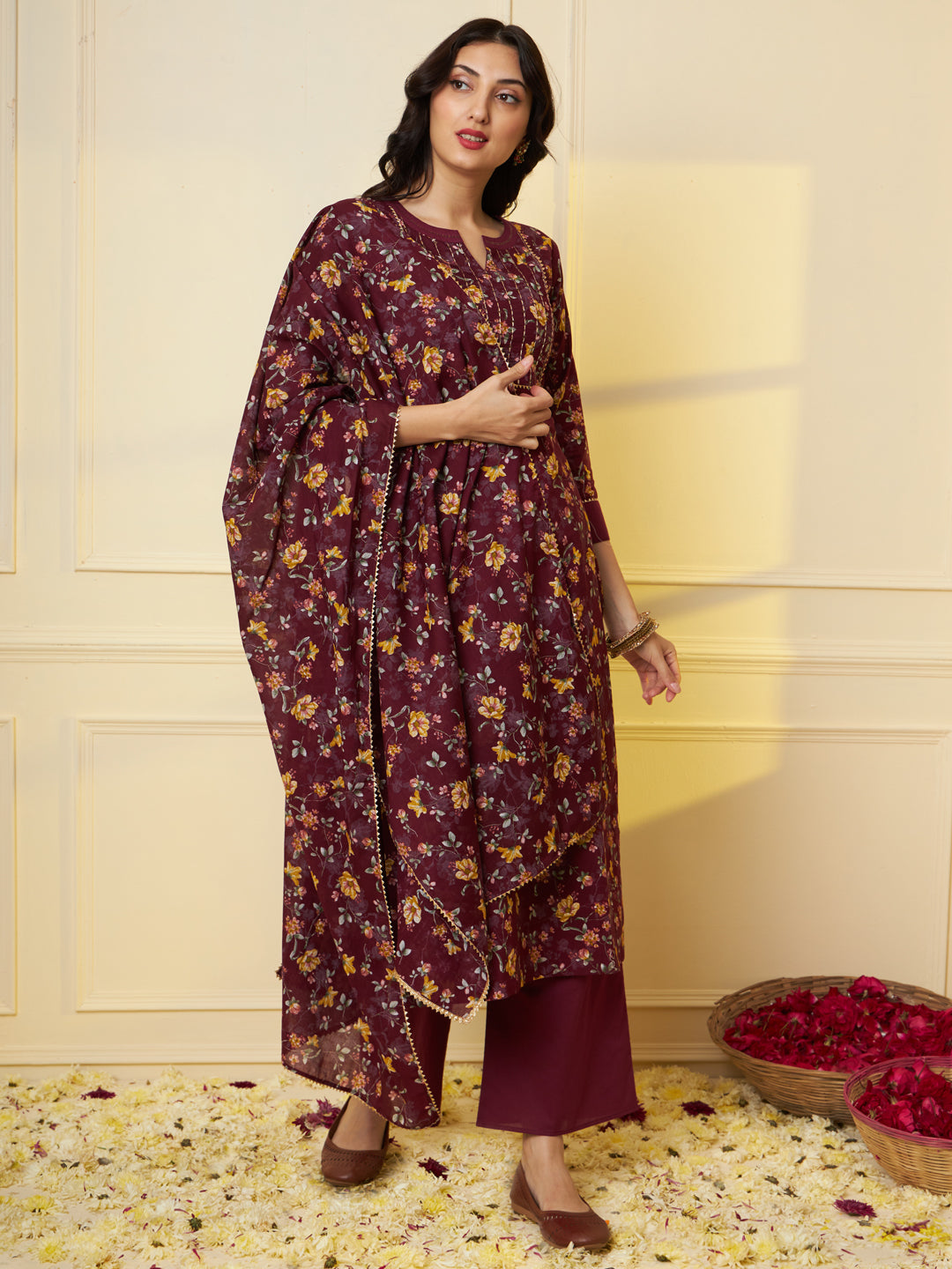 Women Pure Cotton Maroon Floral Printed Kurta With Palazzo & Dupatta
