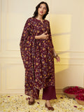 Women Pure Cotton Maroon Floral Printed Kurta With Palazzo & Dupatta