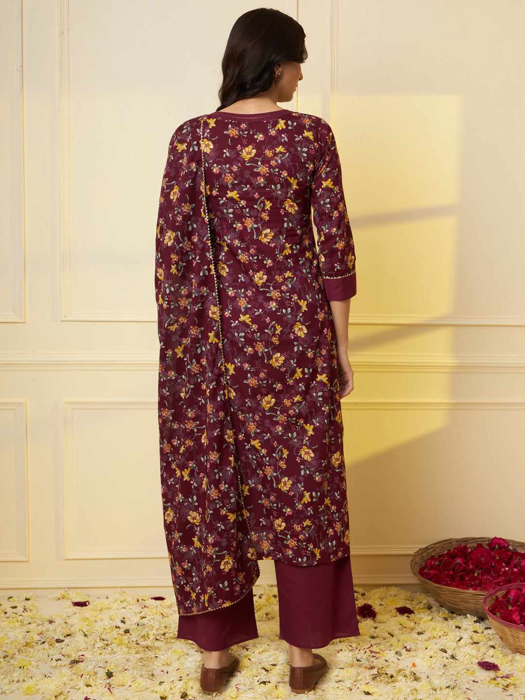 Women Pure Cotton Maroon Floral Printed Kurta With Palazzo & Dupatta