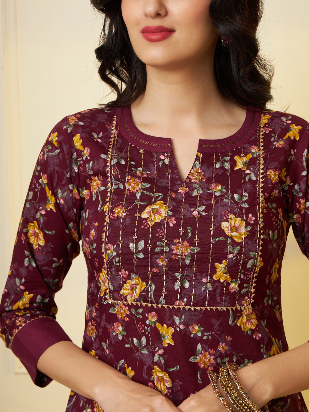 Women Pure Cotton Maroon Floral Printed Kurta With Palazzo & Dupatta