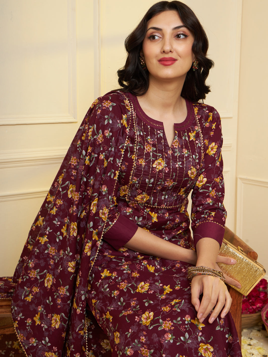 Women Pure Cotton Maroon Floral Printed Kurta With Palazzo & Dupatta