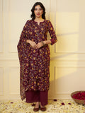 Women Pure Cotton Maroon Floral Printed Kurta With Palazzo & Dupatta