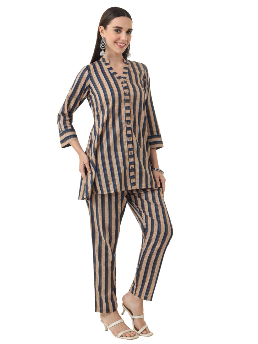 Women Pure Cotton Brown Strip Printed Shirt with Pyjama Co-Ord Set