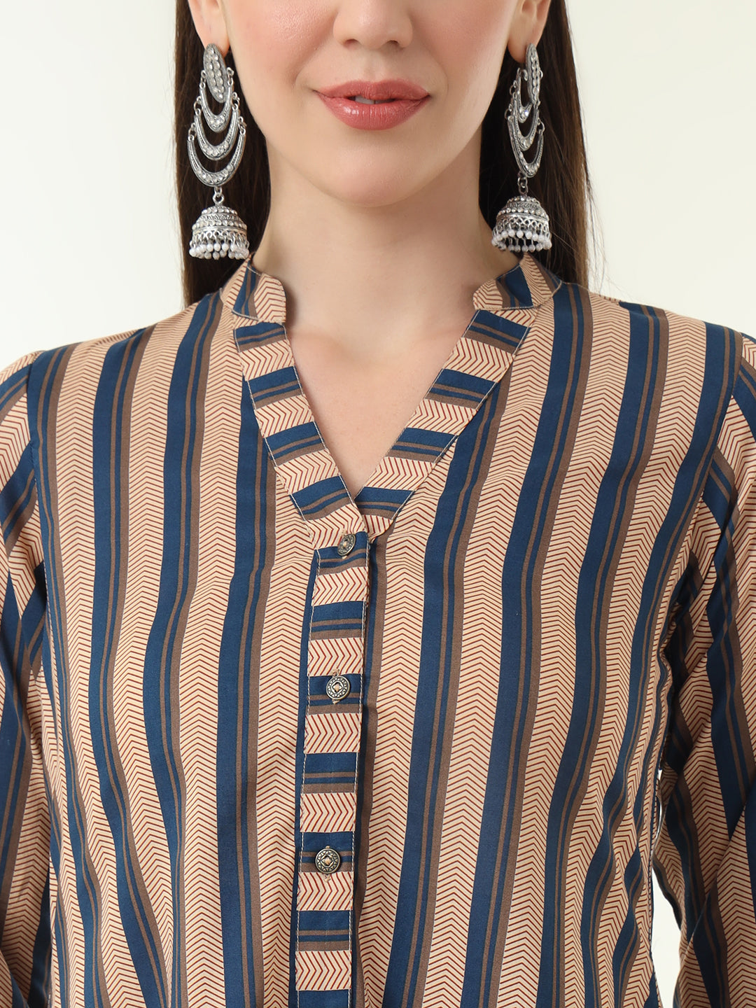 Women Pure Cotton Brown Strip Printed Shirt with Pyjama Co-Ord Set