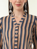 Women Pure Cotton Brown Strip Printed Shirt with Pyjama Co-Ord Set