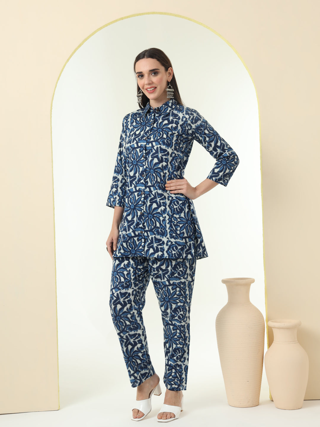 Women Pure Cotton Navy Blue Printed Shirt with Palazzo Co-Ord Set
