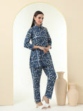 Women Pure Cotton Navy Blue Printed Shirt with Palazzo Co-Ord Set