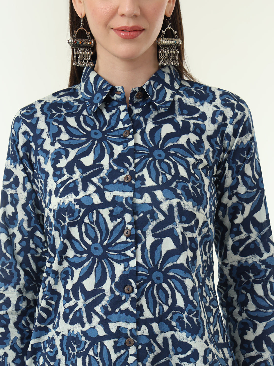 Women Pure Cotton Navy Blue Printed Shirt with Palazzo Co-Ord Set