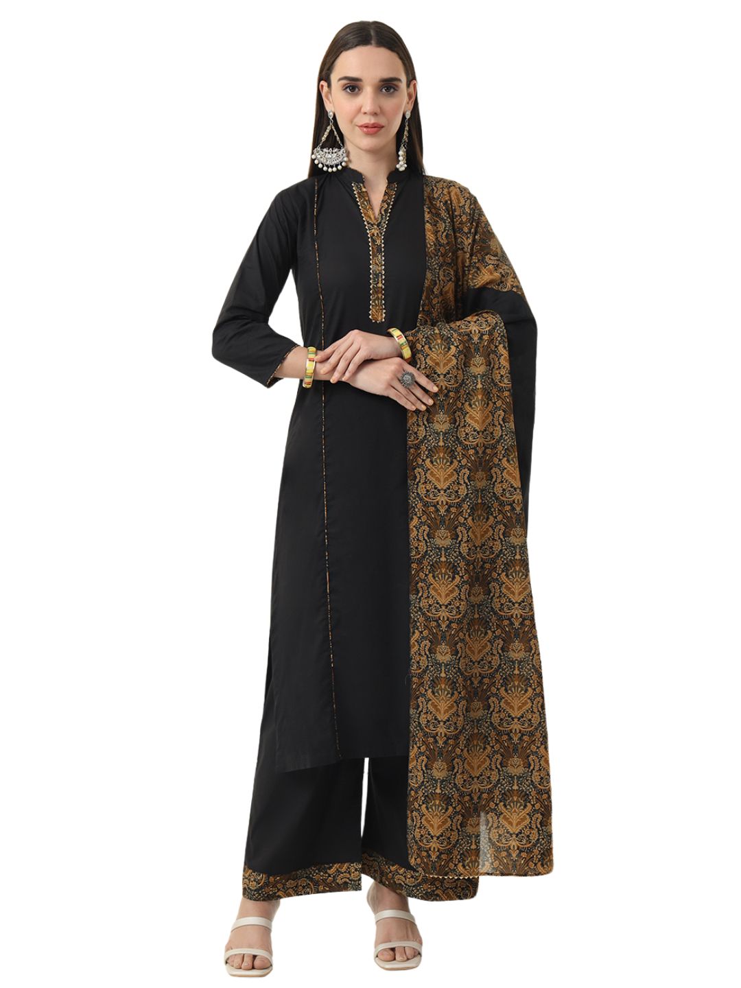 Women Plus Size Black Pure Cotton Kurta & Palazzo with Printed Dupatta
