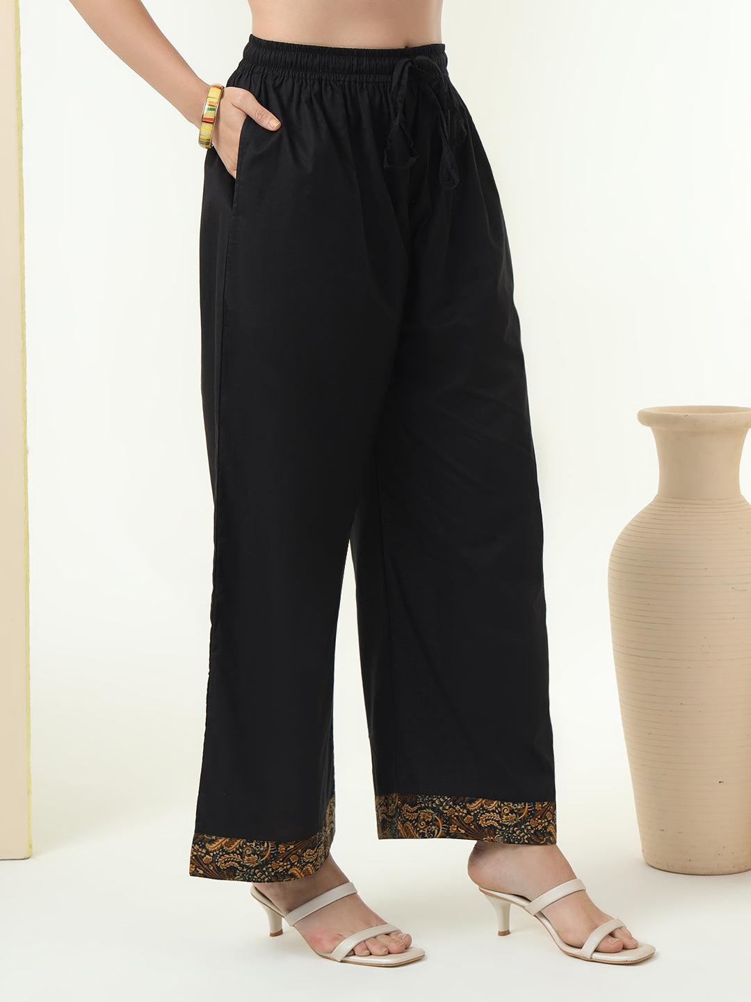 Women Pure Cotton Black Kurta & Palazzo with Printed Dupatta