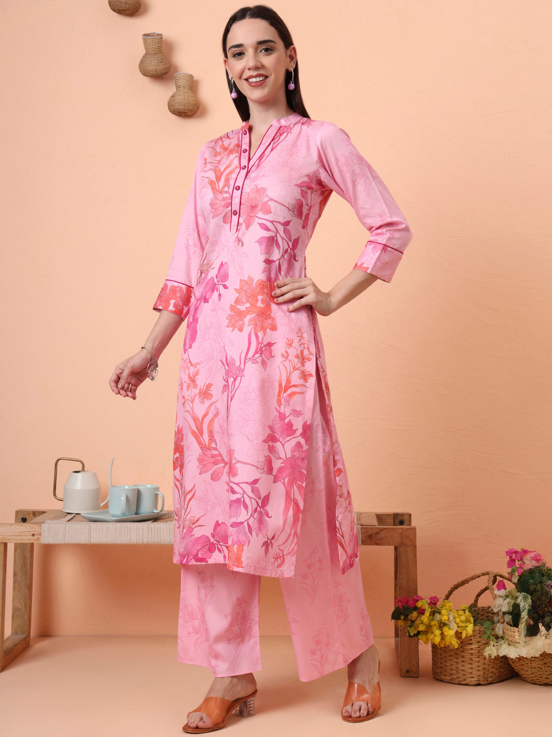 Women Cotton Satin Pink Floral Printed Kurta with Palazzo