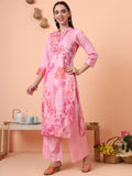 Women Cotton Satin Pink Floral Printed Kurta with Palazzo