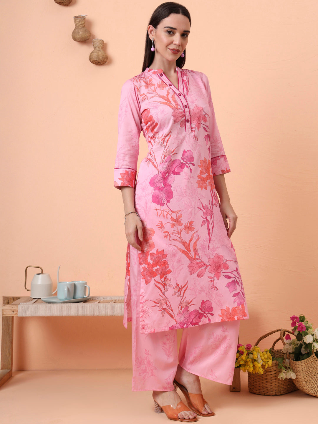 Women Cotton Satin Pink Floral Printed Kurta with Palazzo