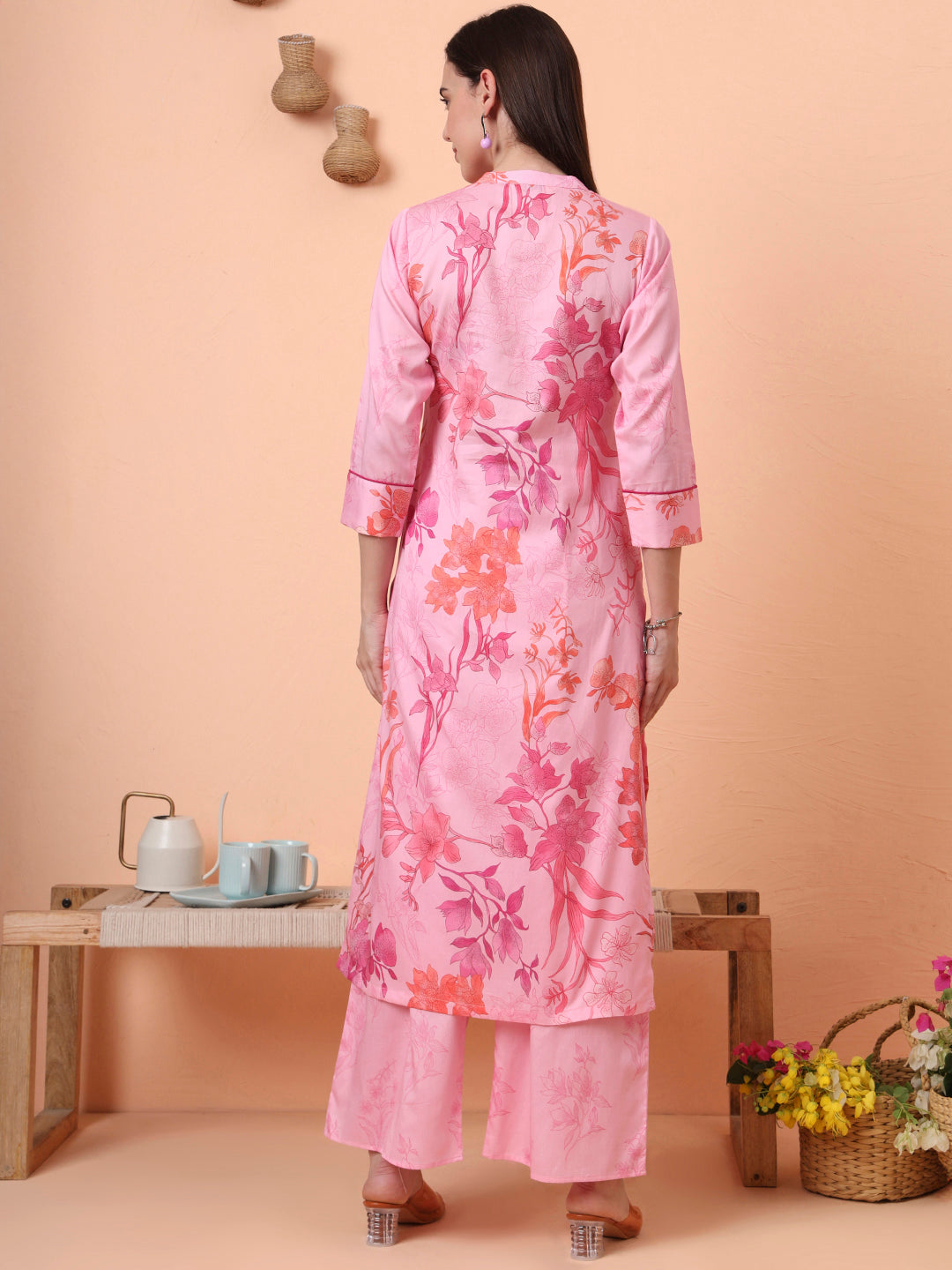 Women Cotton Satin Pink Floral Printed Kurta with Palazzo