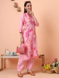 Women Cotton Satin Pink Floral Printed Kurta with Palazzo